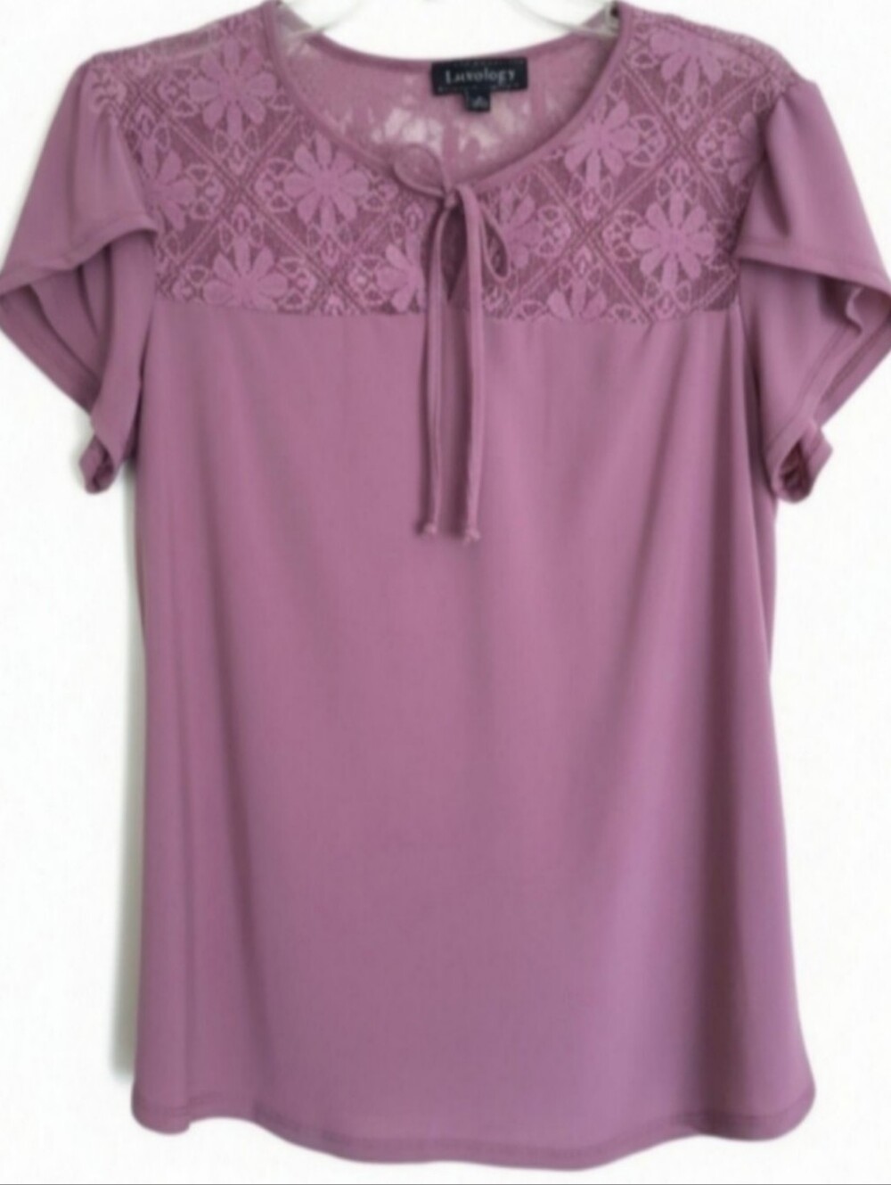 Luxology Dusty Rose Lace Yoke Tie-Front Blouse